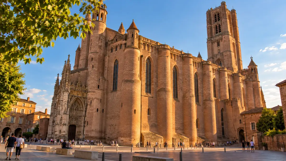 Cathédrale Sainte-Cécile d'Albi vue depuis la place, brique rouge et clocher-donjon